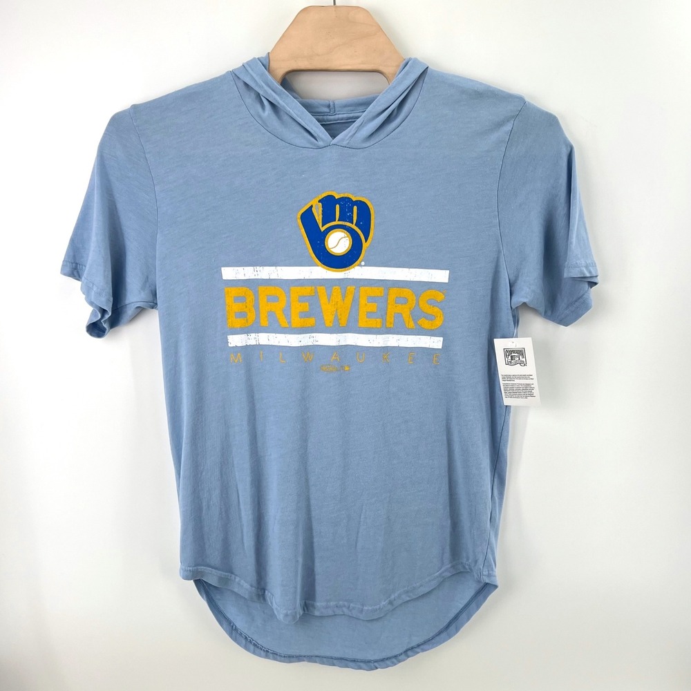 Majestic Threads Milwaukee Brewers Size M Hooded T Shirt Blue Gameday USA Made